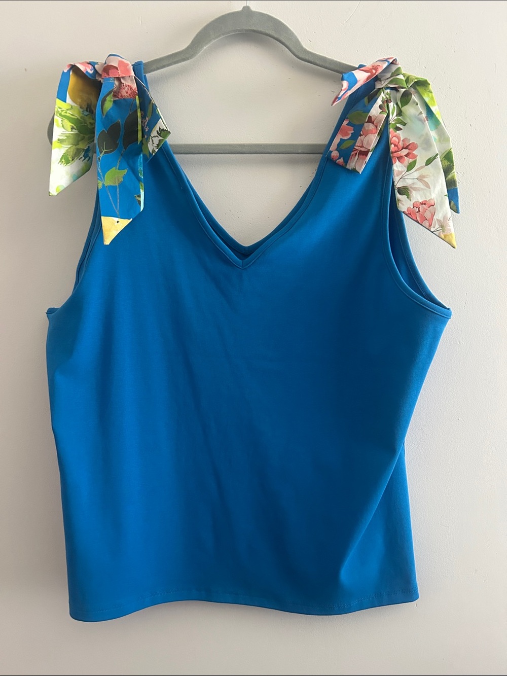 Marc New York, Women’s Size XL Bright Blue V-Neck Tank with Floral Tie Straps
